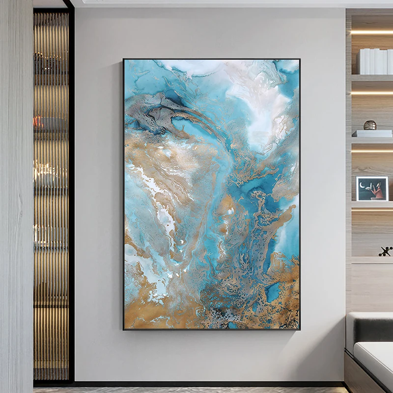 

Aesthetic Artwork Golden Blue Abstract Wall Art Canvas Paintings Modern Nordic Minimalist Poster Pictures Living Room Decoration