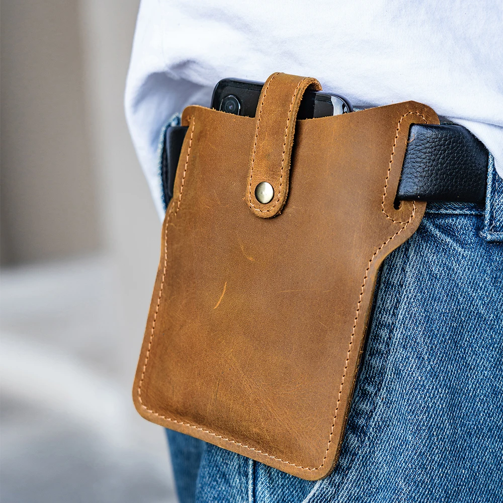 Crazy Horse Vintage Mobile Phone Waistpack Outdoor Sports Wear Belt Mobile Phone Bag Genuine Leather Men's Waistpack