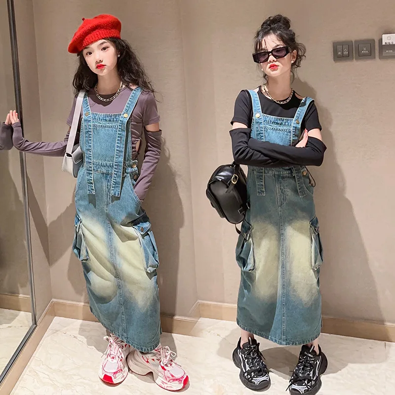 

Girls' Autumn Suit 2023 New Zhongda Children's Denim Strap Skirt Fashion Pop Street Two Piece Set girls clothes 9 to 10