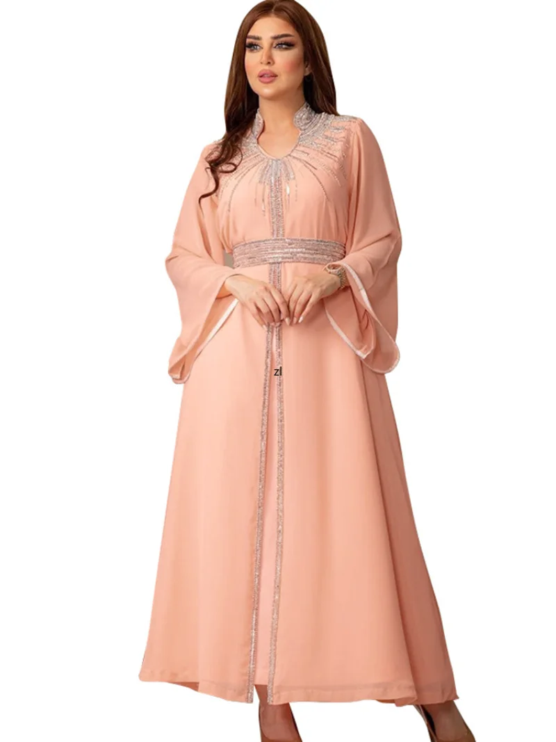 Chiffon Muslim Dress Women With Diamond Flare Sleeve Robes 2023 Fashion New Elegant Jalabiya Islam Abaya Muslim Party Maxi Dress