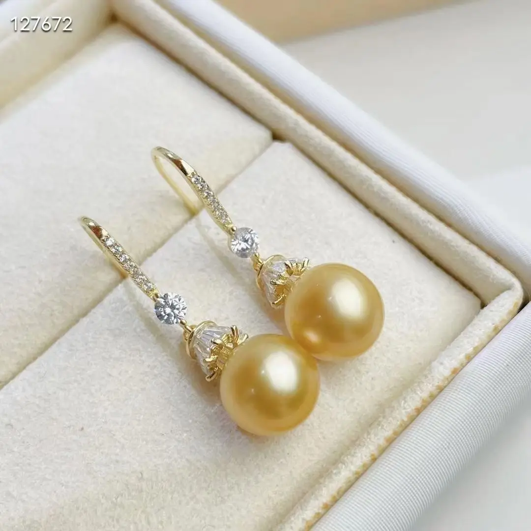 

Gorgeous 10-11mm South Sea Round Gold Pearl Dangle Earring 925s