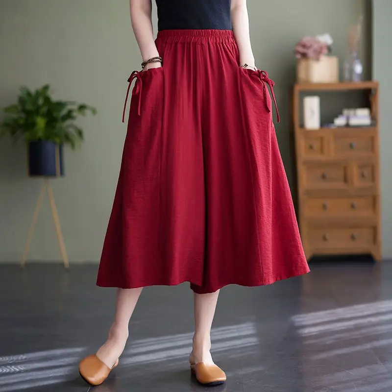 plus size fashion women casual solid color cotton linen high elastic waist wide leg long pants female casual loose trousers 2023 Summer New Solid Color Loose Casual Pockets Wide Leg Trousers Women Elastic Waist Cotton Bow Vintage Calf Length Pants