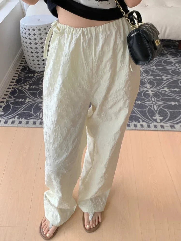 Spring Women's Design Lace Up Bow Pants Korean Fashion High Waist Versatile Jacquard Casual Women Simple Straight Tube Pants