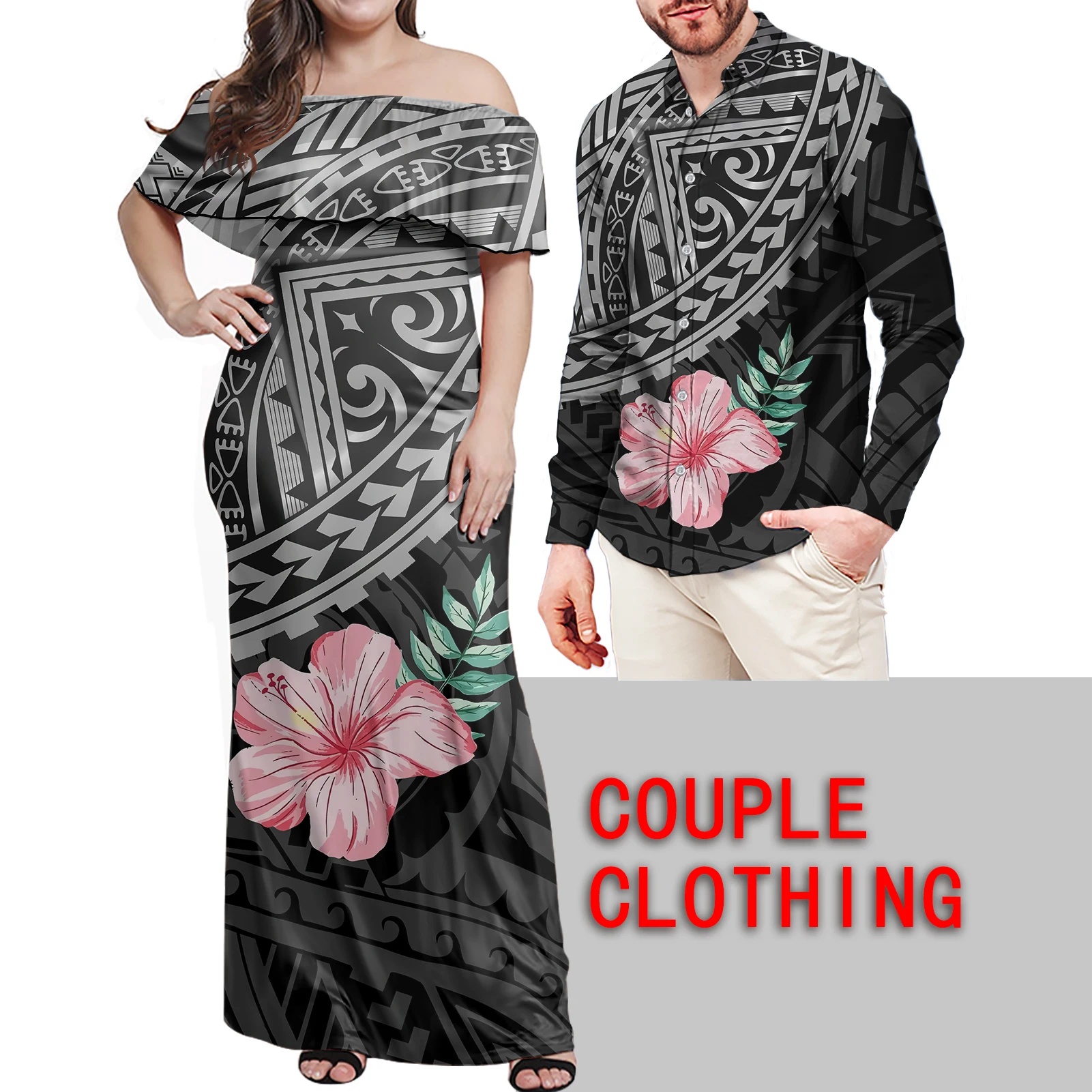 

Polynesian Men Long Sleeve Shirt Valentine's Day Trendy Couples Suit Hawaii Style Upscale Personality Print Couple Suit ladies
