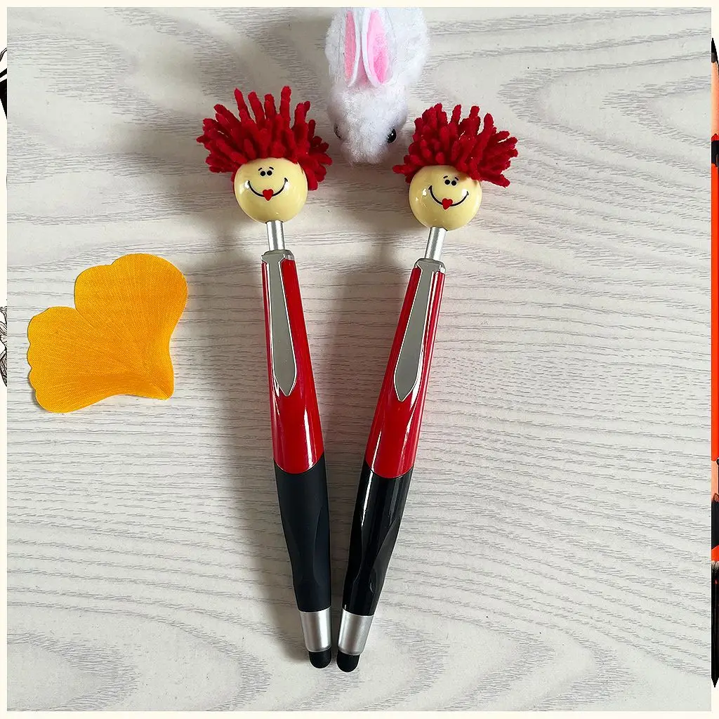 6PCS süße Plüsch Puppe Kopf Kugelschreiber mit Druckknopf Smiley Gesicht Stylus Touch Geschenk Schreibstift – Detail 5