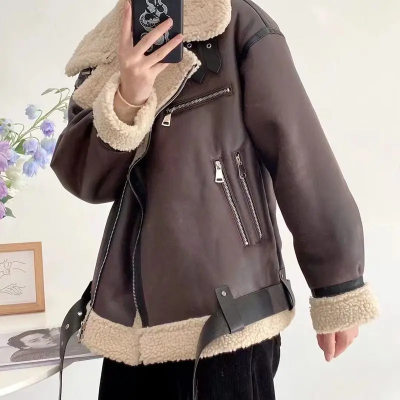 

CS&ZA autumn and winter women's new lapel long-sleeved brown lamb wool motorcycle suit fur integrated stitching jacket coat