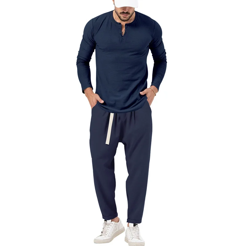 Autumn Henley Neck Long Sleeve Shirt Men Mature Style Suits Solid Color Lace-up Pocket Trousers Male Casual Two Piece Sets Pants