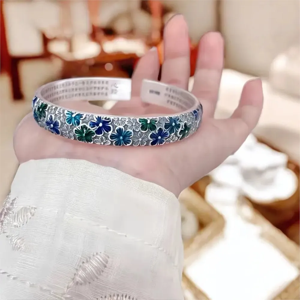 Silver Color Enamel Flower Heart Sutra Cuff Bangle for Women Vintage Flower Engraving Bangles Best Gifts for Girl Jewelry Gifts