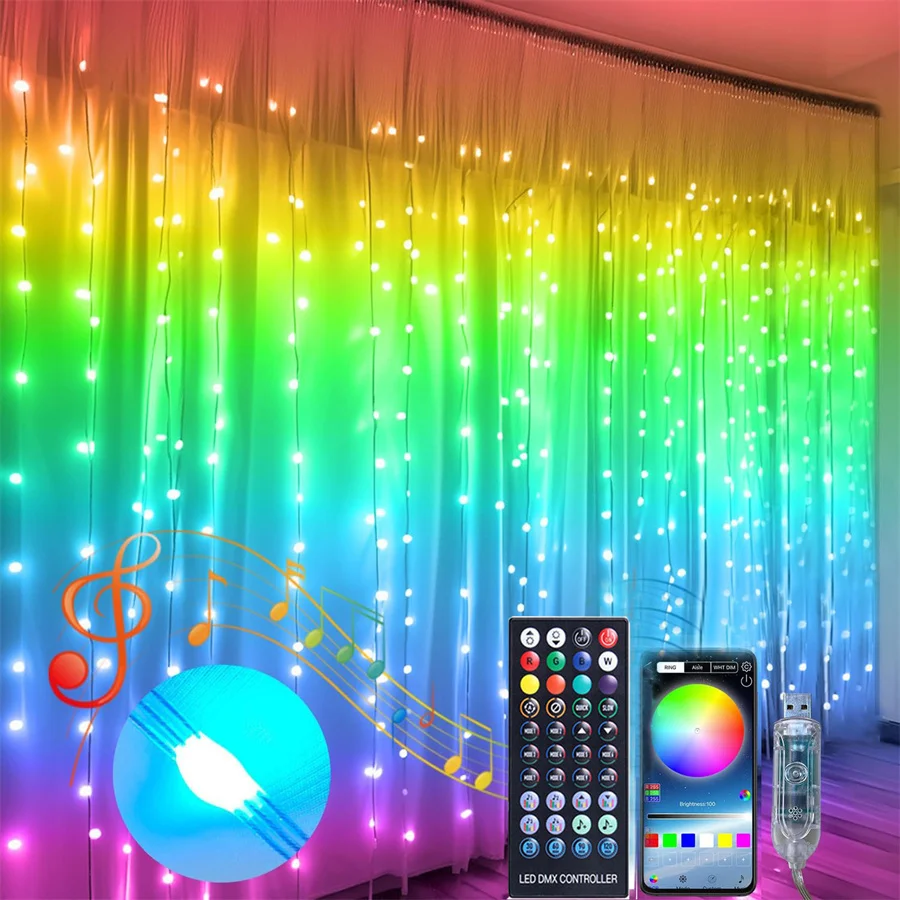 thumbnail image 1 of Cortina de luces LED inteligentes de 3 x 3 m, 300 luces LED que cambian de color con aplicación, luces de hadas navideñas para decoración de fondo de pared, 1 of 5