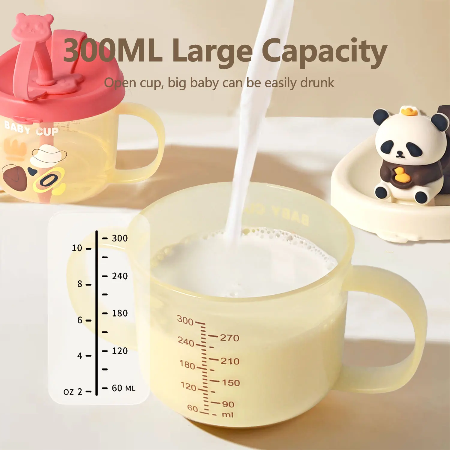 300ML baby panda milk cup, large-capacity breakfast cup, water food-grade PP material, anti-fall, clear scale