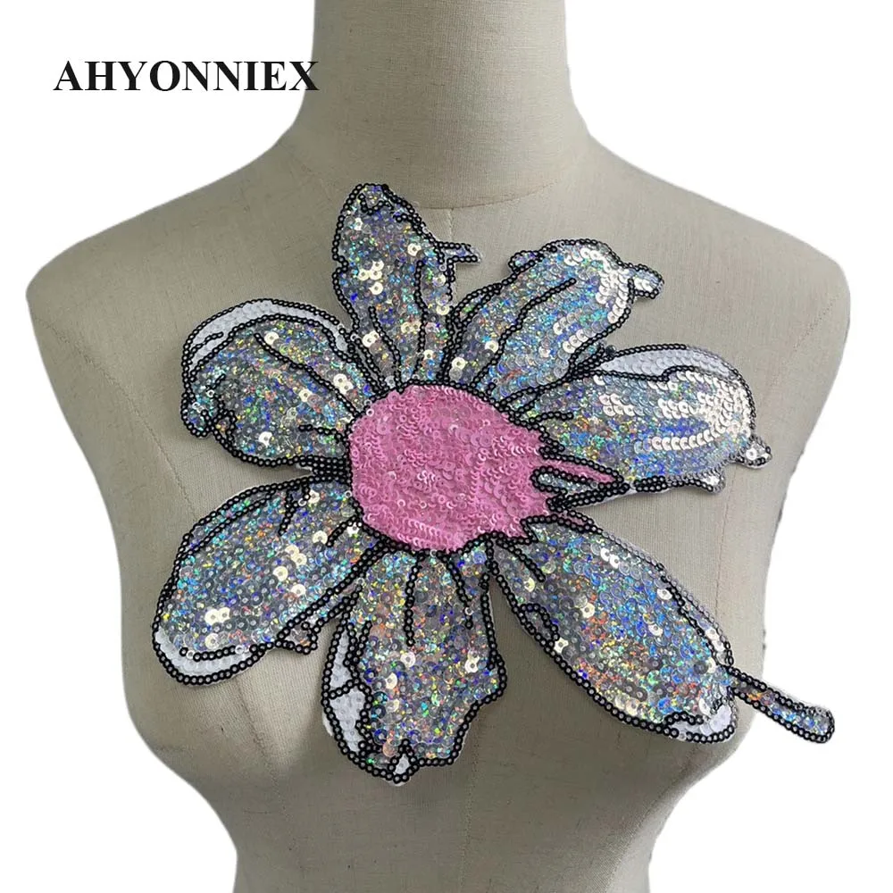 1-teiliges silbernes Pailletten-Blumen-Patch für Kleidung, Aufkleber, Applikationen, zum Aufbügeln