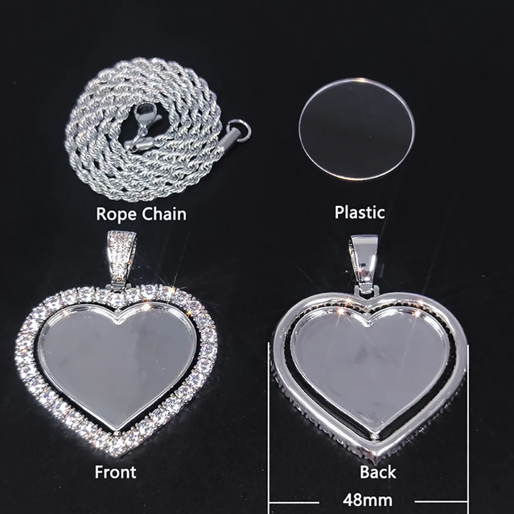 Custom Double Side Rotating Heart Necklace Personalized Family Memory Jewelry Heart Pendant Bling Diamond Necklaces For Couple