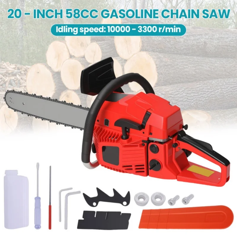 Logging Bar 2-Stroke 58CC Professional Gas Chainsaw, 2.4KW Power & 20-Inch Guide ...
