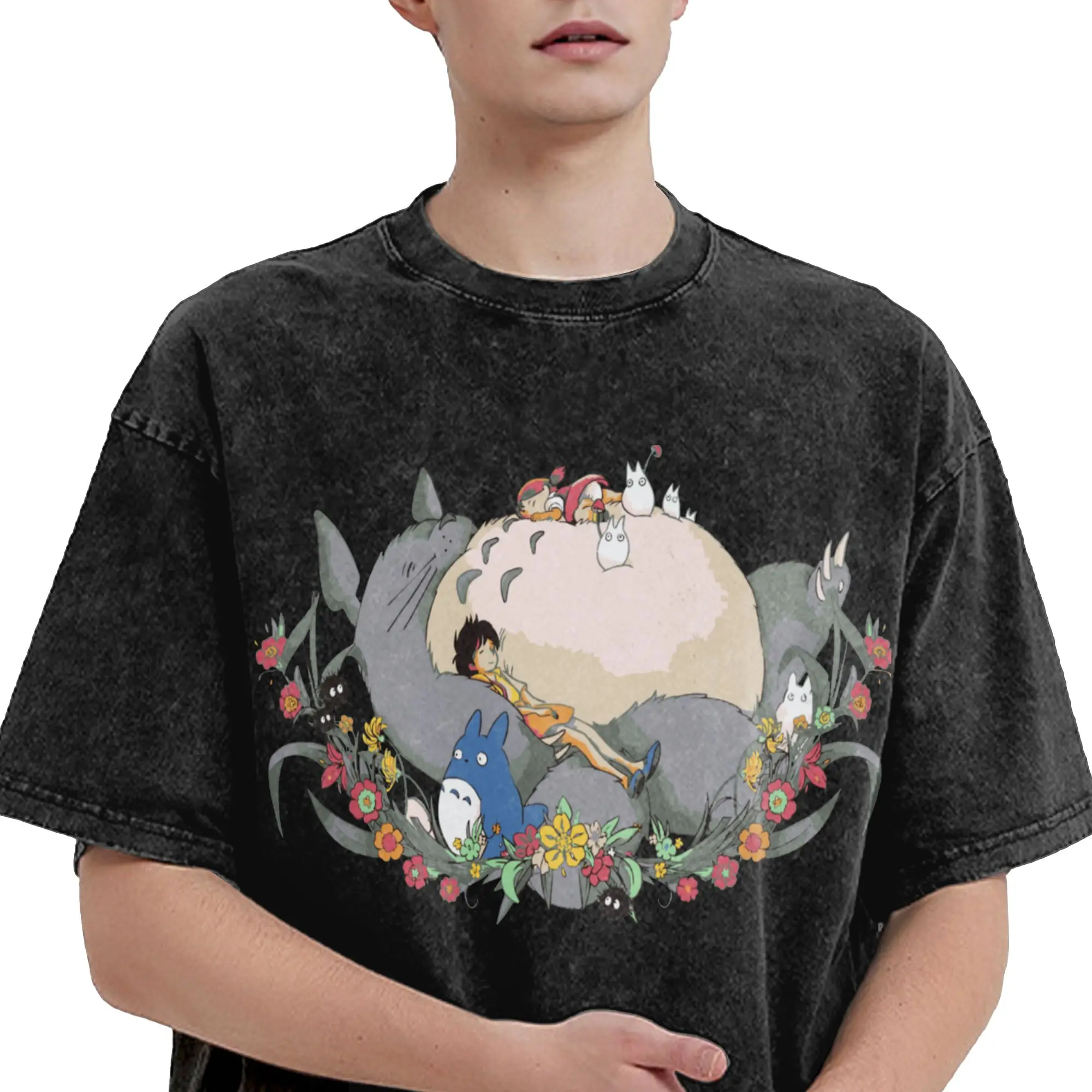 Totoro-Miyazaki Anime Tees Hip Hop Washed 100% Cotton Oversize 2
