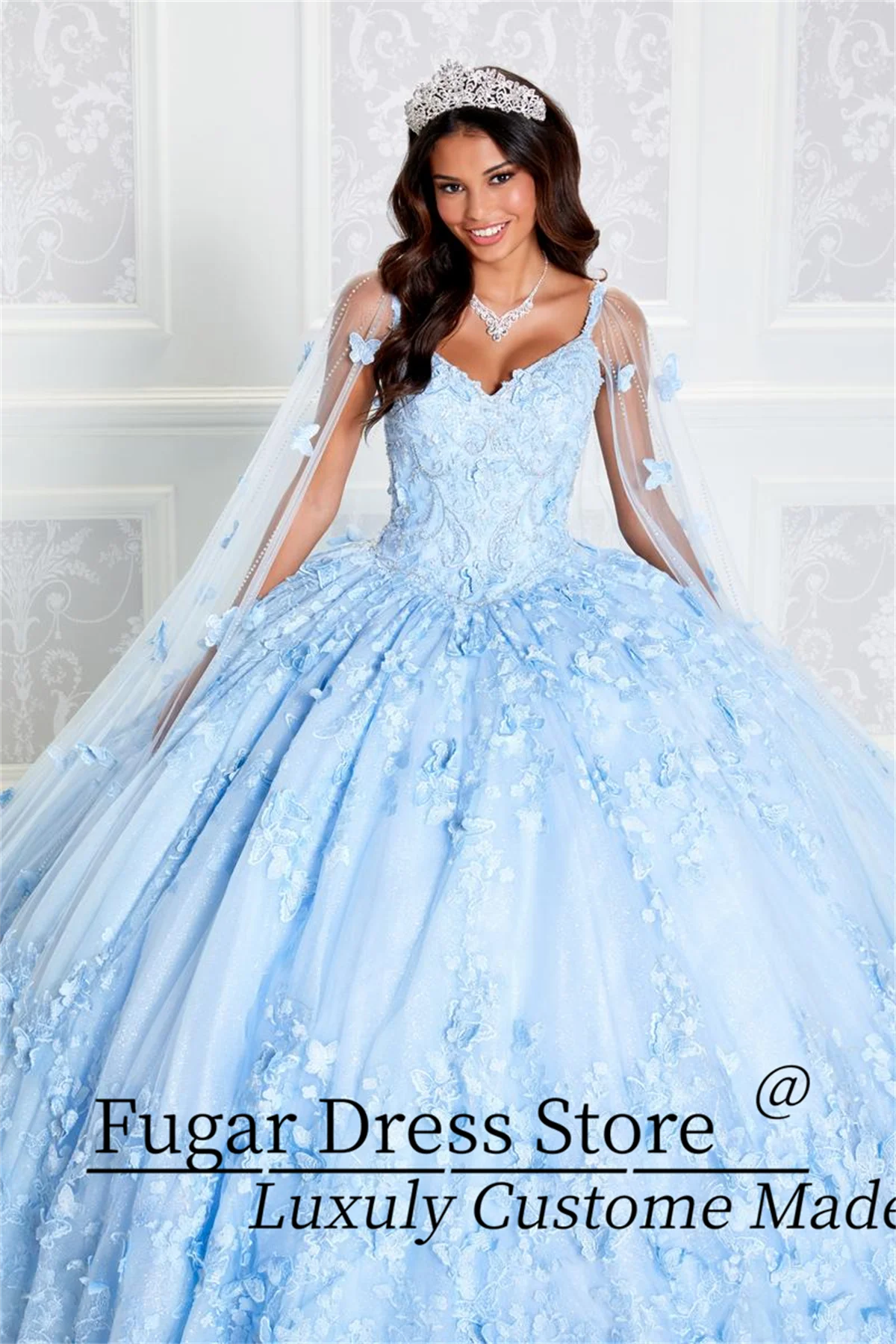 Pink Sparkling Chiffon Quinceanera Dress Luxuly Elegant Embroidery Lace Detachable Butterfly Cape Gown vestidos de15 quincea&ntilde;era