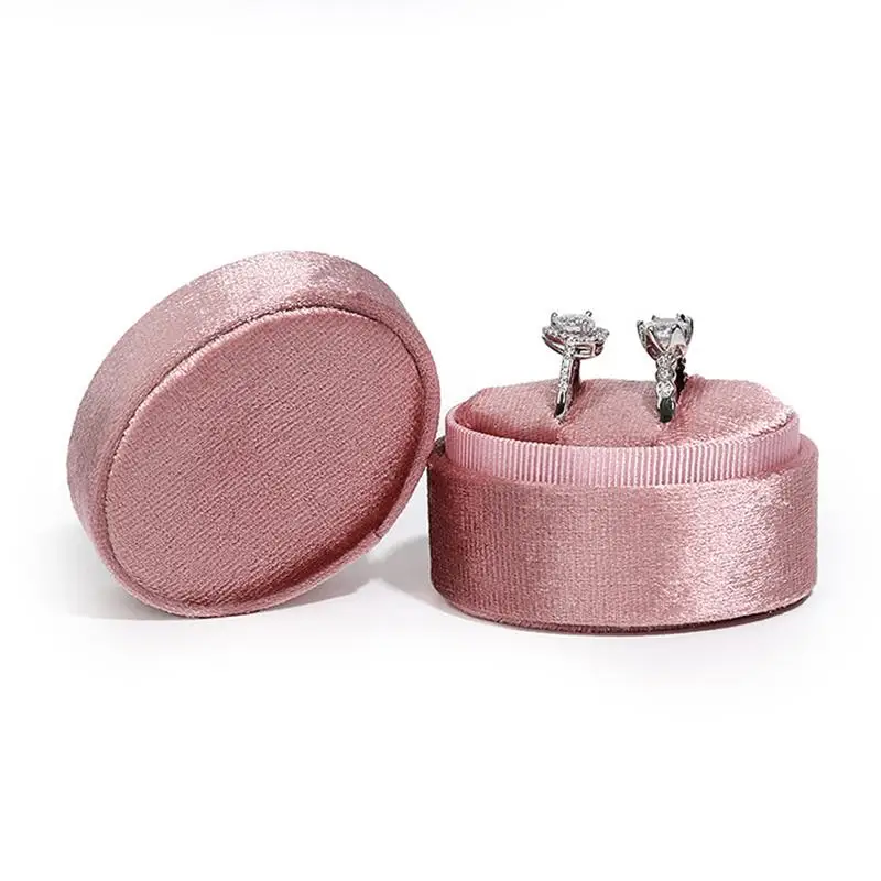 Velvet Double Ring Oval Pink Box Holder For Earring Jewelry Organizer Storage Wedding Ceremony Engagement Display Case Stand