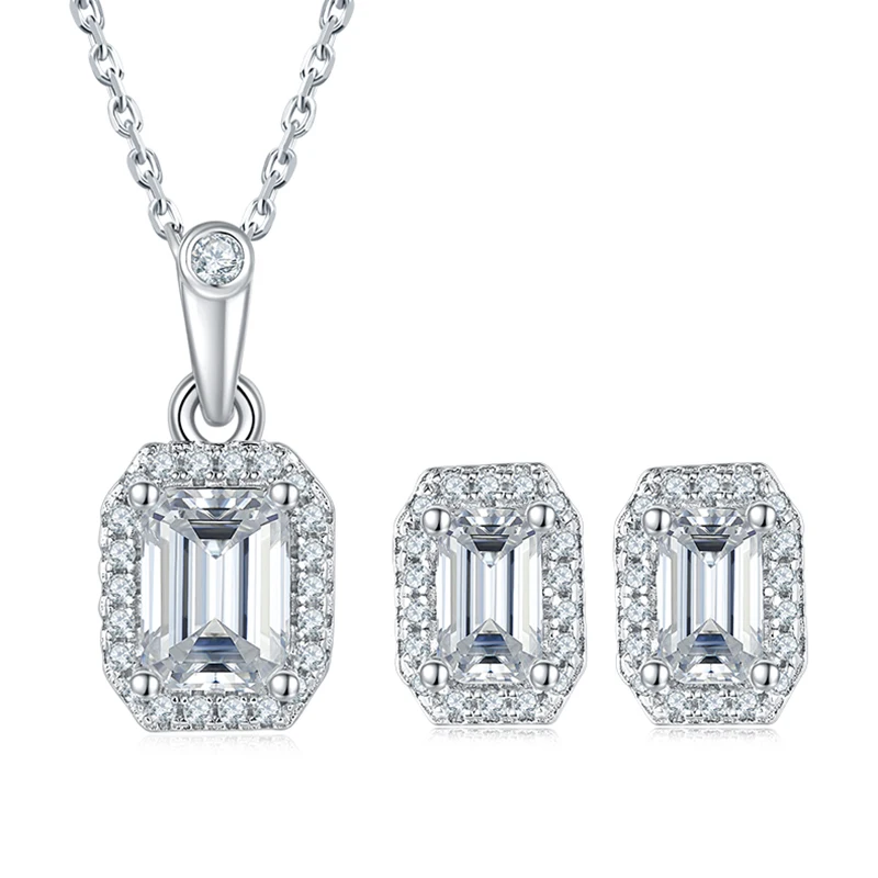 

SGARIT Jewelry 925 Sterling Silver 1CT VVS1D Emerald Cut Moissanite Halo Pendant and Earrings GRA Certified Jewelry Set