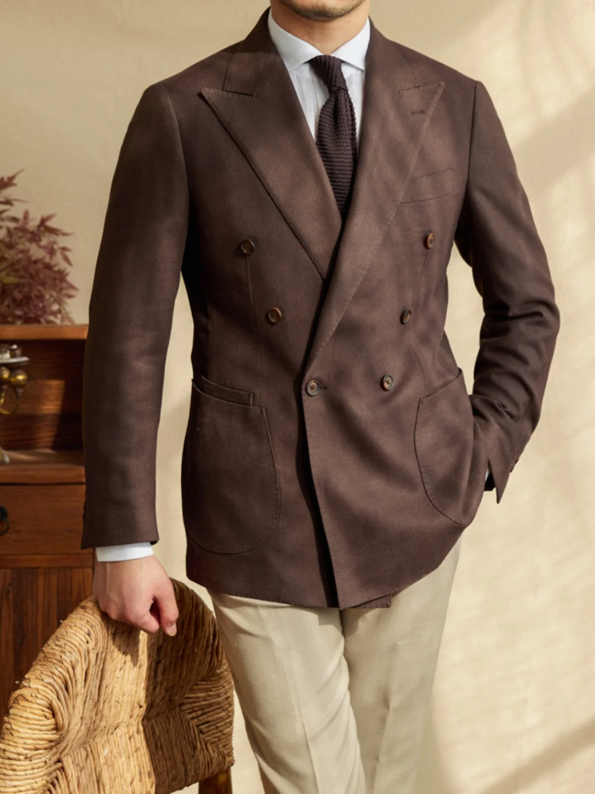 Gentry Men's Linen Blended Casual Double-breasted Suit Retro Commuter Slim-fit Six-button One-suit 4