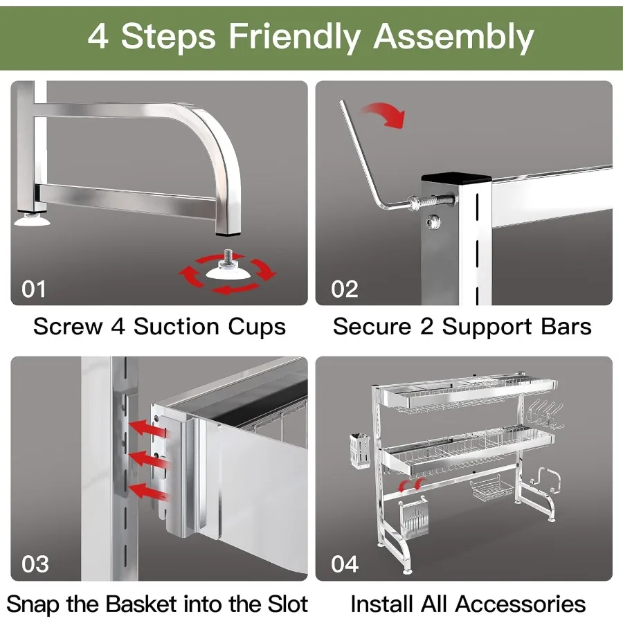 3 Tier Extra Large Stainless Steel Expandable Over The Sink Dish Drainer Drying Rack Rust Proof Metal Space Saving Modern Silve