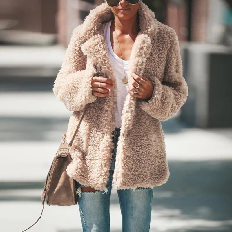Autumn and Winter Women's Solid Loose Plus Size Color Polo Long Sleeve Plush Cardigan Coat Fashion Casual Office Lady Tops