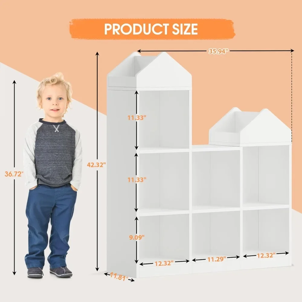 Kids Bookshelf with Reading Nook 47.75in Width Children Bookcase 6-Cubby Toy Storage Organizer Seat Cushion Wooden Storage 2