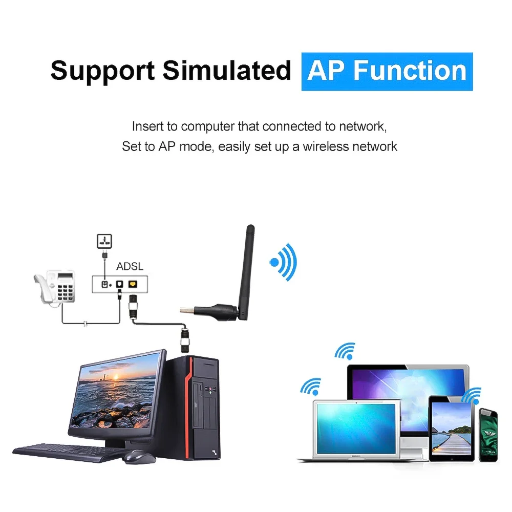 Wireless RT8188 Chip Card USB Network Adapter 150M Antenna Computer WIFI