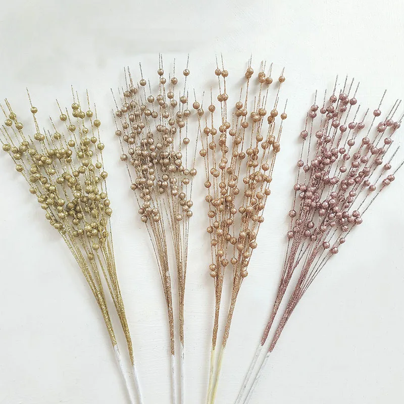 Artificial Flowers Christmas Berry Golden Branch Fake Plants Stem Tree Wreath DIY Home Christmas Wedding Decor Table Craft Gifts