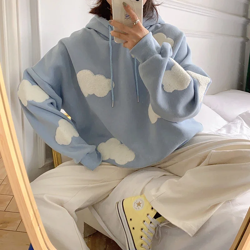 

Women Autumn Winter Long Sleeve Casual Pullover 2024 Blue Sky White Clouds Soft Hooded Top Lady Sweater Jumper Loose Sweatshirt