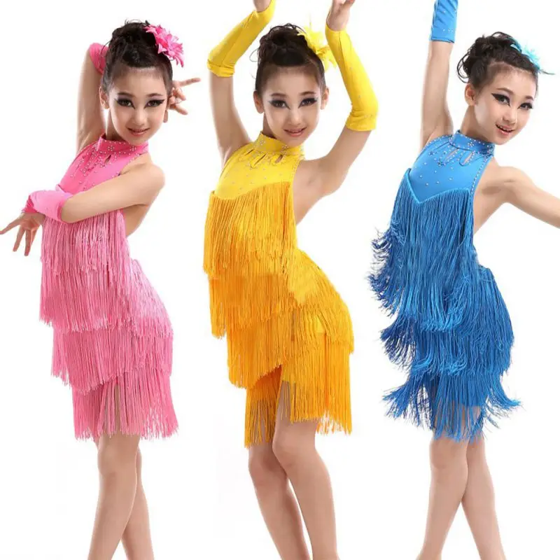 Girls Sequin Latin Dance Tassel Dress Fashion Cha Cha Salsa Tango Dance  Outfit Stage Costume