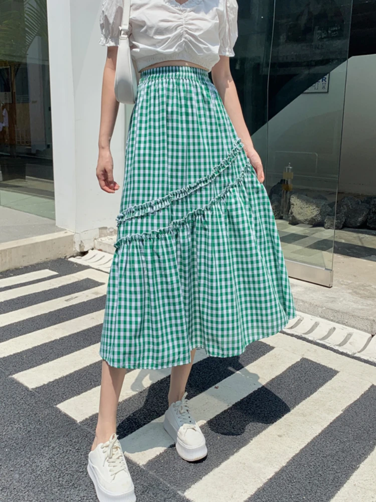 

JMPRS Cotton Linen Plaid Skirt Women Summer 2022 Korean Fashion High Waist Mid-length Skrits Female Retro A-line Faldas Mujer