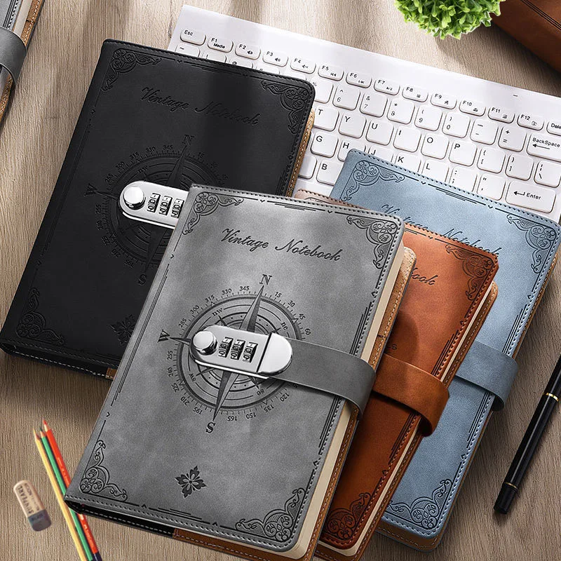 A5 200 Pages 2023 Notebook Retro Password Book with Lock Diary Binder Thickened Creative Hand Ledger Student Notepad Stationery