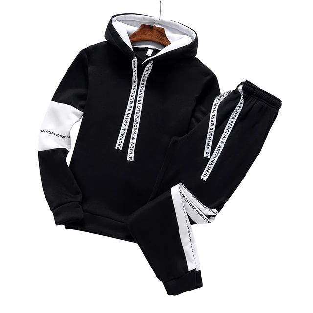 Negro - Chándal de Moda 2 Piezas con Capucha para Hombre