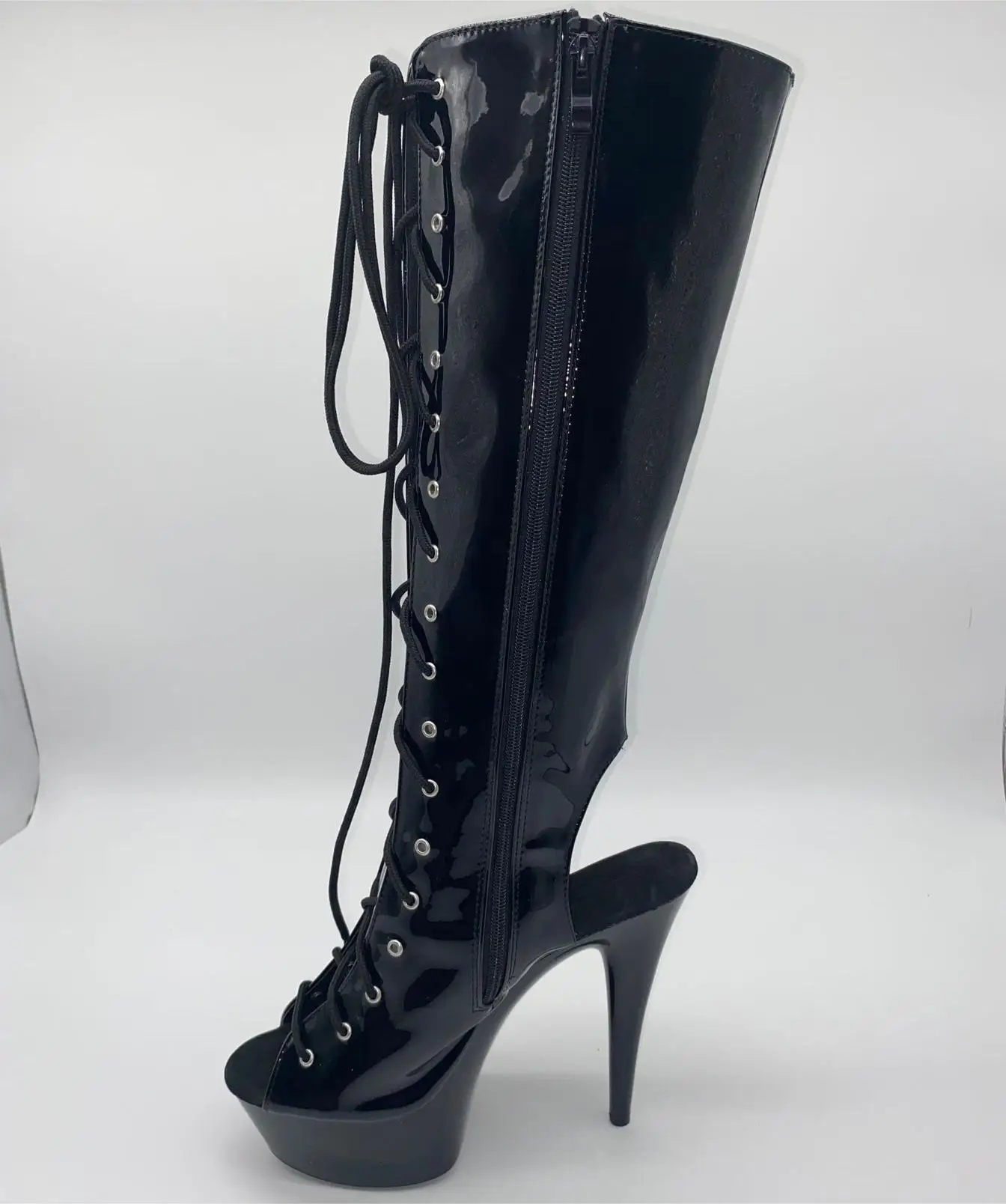 Stylish 15CM women's boots, sexy dance shoes, front strap breathable leather, knee-high heels open-toe dance shoes