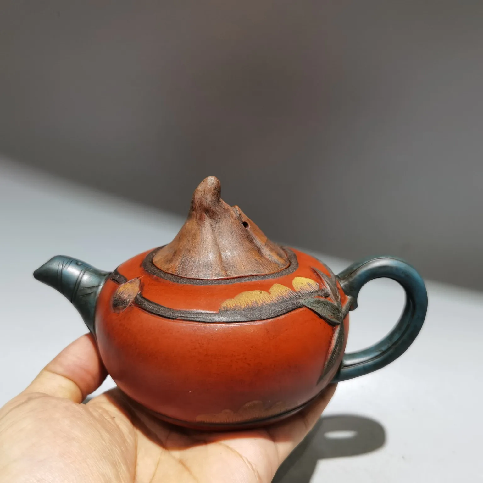 

7"Chinese Yixing Purple Clay Pot poetry water chestnut Bamboo pot Teapot Red Mud Gather fortune Office Ornaments