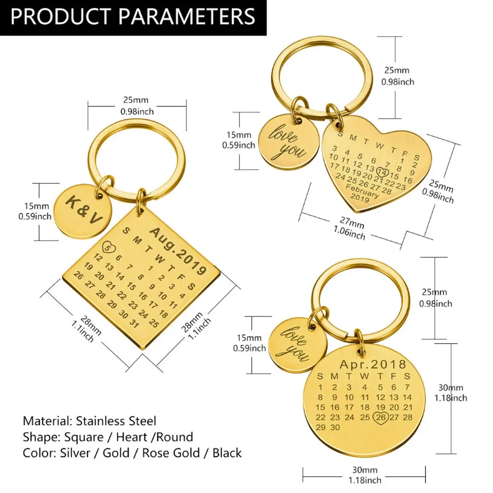 Porte-clés personnalisé en acier inoxydable gravé, porte-clés personnalisé, date du calendrier, cadeau des travailleurs de mariage, petit ami, mari