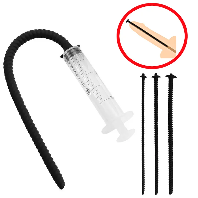 Spray/Washing With Syringe Long Silicone Urethral Sounding Catheters Dilator Male Threaded Penis Plug Uretal Horse Eye Sex Toys