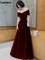 Lautaro Spring Long Luxury Elegant Wine Red Soft Velvet Evening Party Wedding Dresses for Women 2022 Off Shoulder Maxi Dress - Image 4