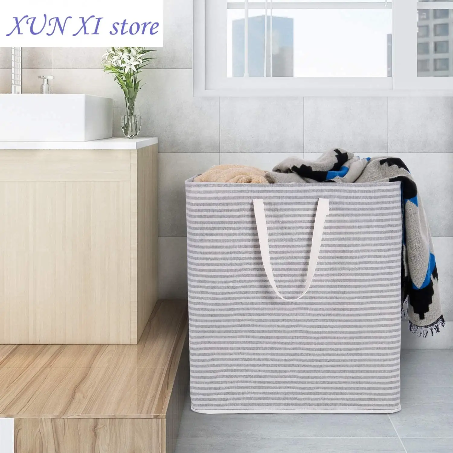 

New 72L Freestanding Laundry Hamper Collapsible Large Clothes Basket with Easy Carry Extended Handles for Clothes Toys Grey