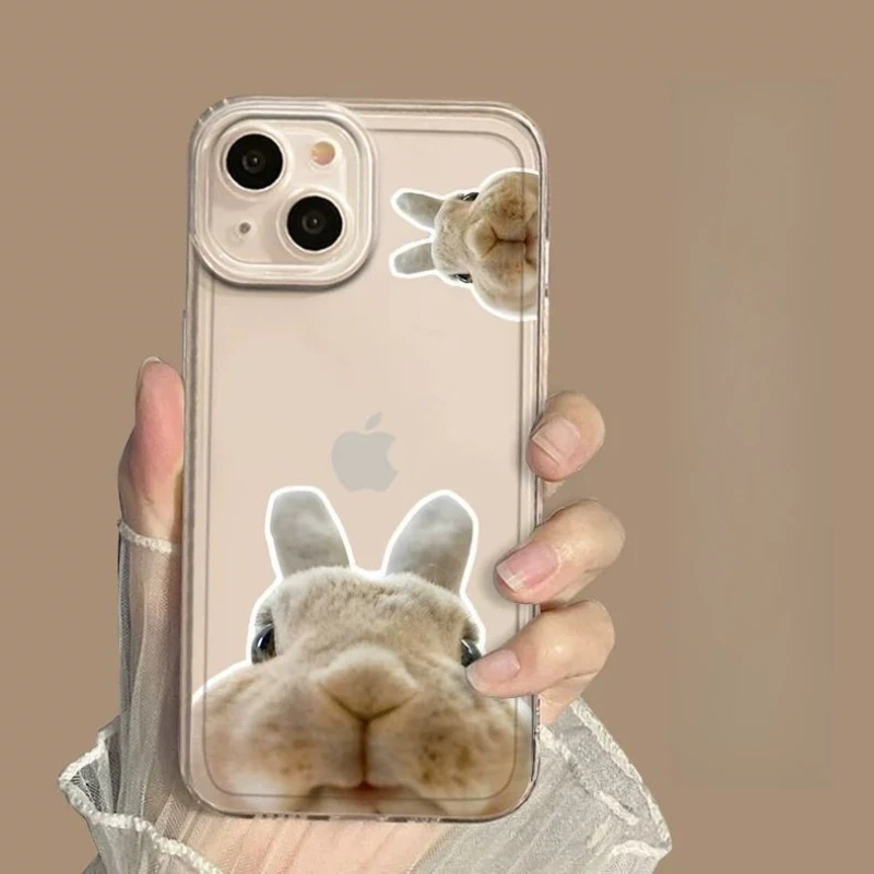 Funny Cartoon Dog and Rabbit Clear Couple Phone Case - Cute and Playful Design