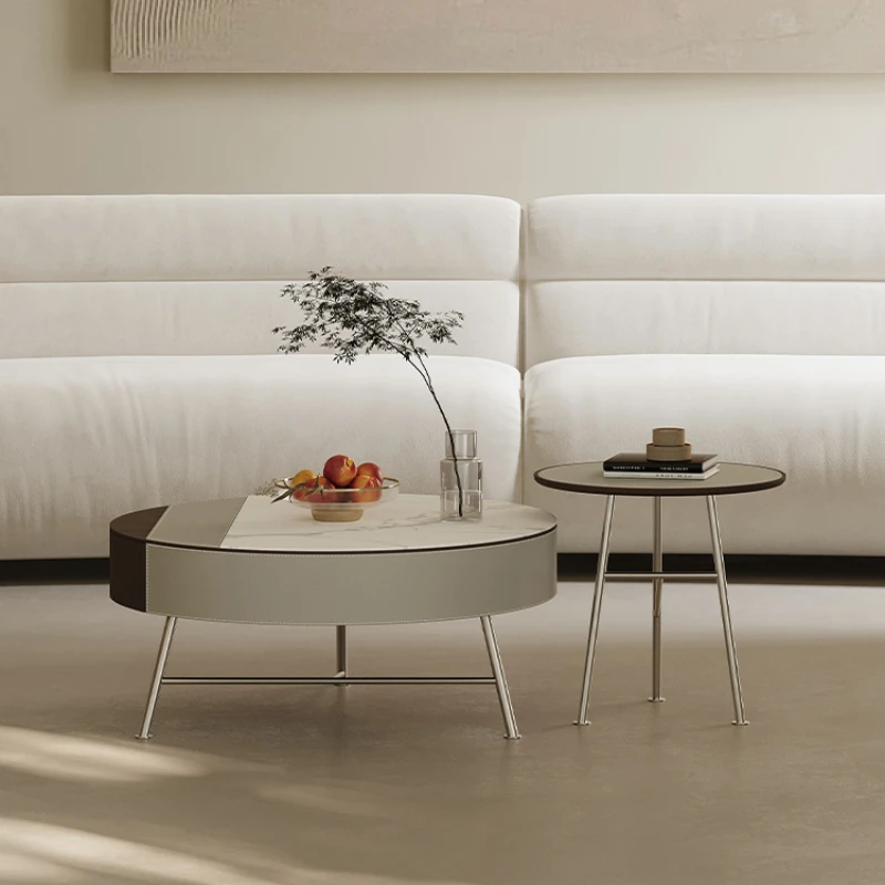 

Light luxury saddle leather slate coffee table living room 2023 new designer sense of luxury round stainless steel size combinat