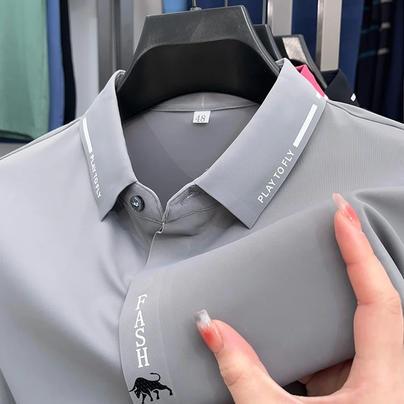 

2023 Men's High-end Lapel Ice Silk Seamless Short-sleeved Shirt Design Summer Business Casual Collar Cow Print T-shirt M-4XL