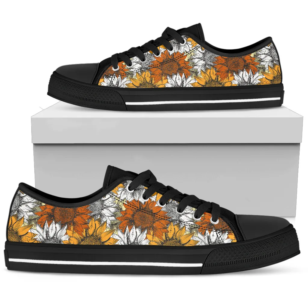 Funny Art Sunflowers Leisual Flat Shoes For Women Black White Light Breathable Lace Up Canvas Sneakers Schoenen Dames