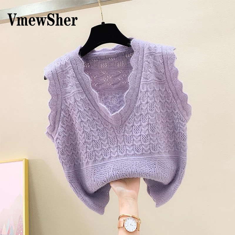 

VmewSher Plain Apricoat Wave Edge V-Neck Sweater Vest Tank Women Casual 2023 Autumn Solid Knitted Pullovers Basic Jumper Tops