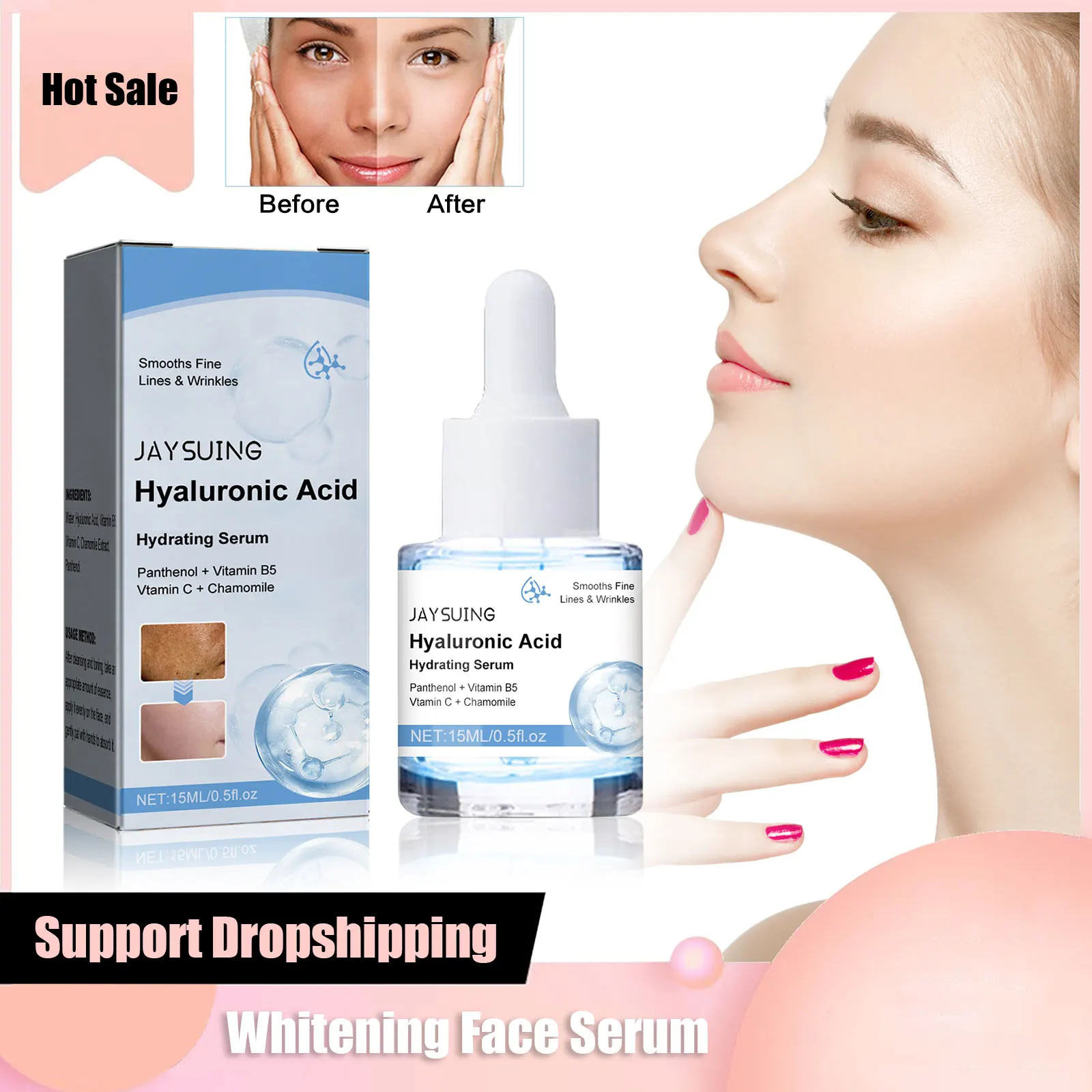 히알루론산 페이스 세럼, 주름 제거, 안티에이징, 모공 수축, 브라이트닝, 화이트닝, 모이스처라이징 에센스, 페이스 스킨 케어, 15ml