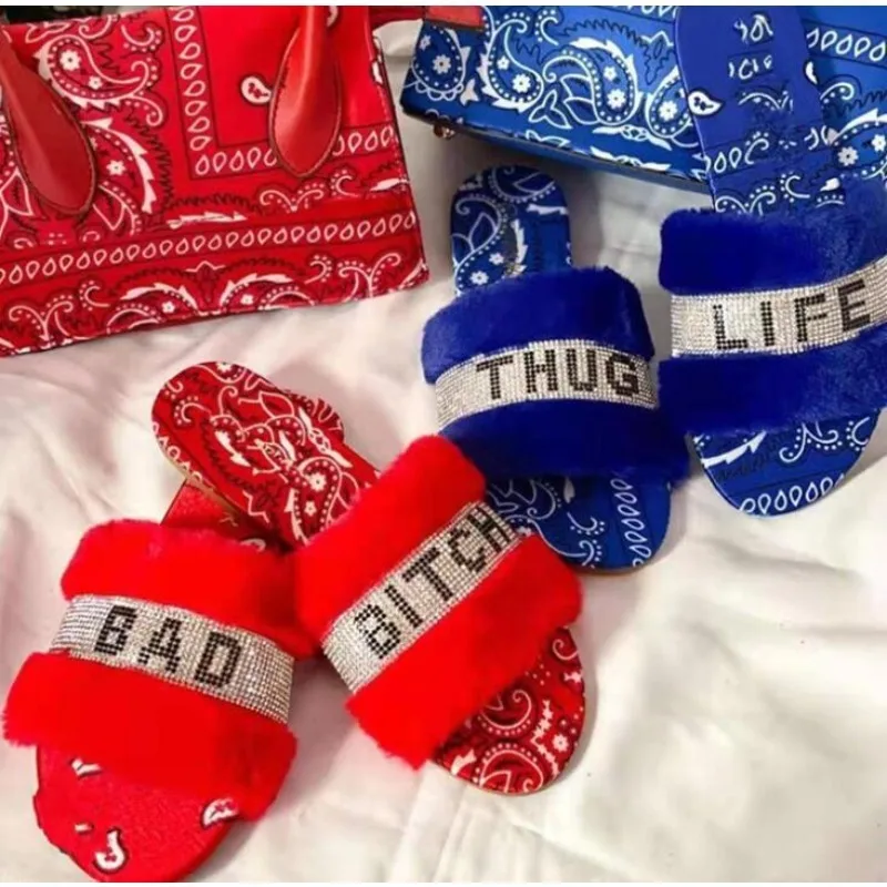 

Осень 2023, плюшевые бриллиантовые шлепанцы для женщин, большие размеры