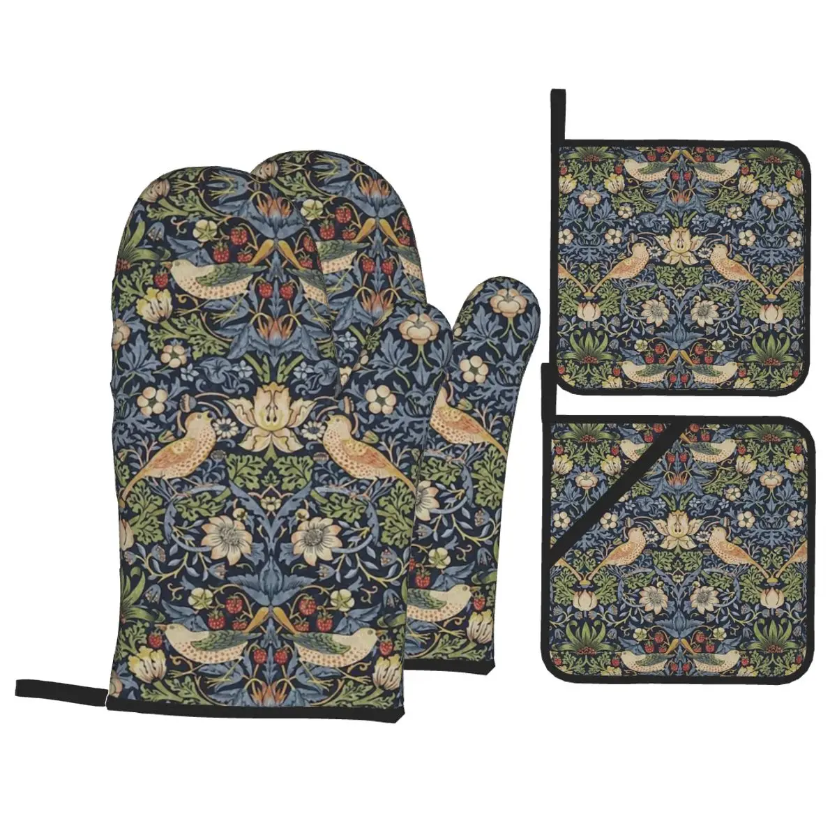 William Morris Strawberry Thief Oven Mitts and Pot Holders for Kitchen Sets of 4 Heat Resistant Baking BBQ Cooking Gloves