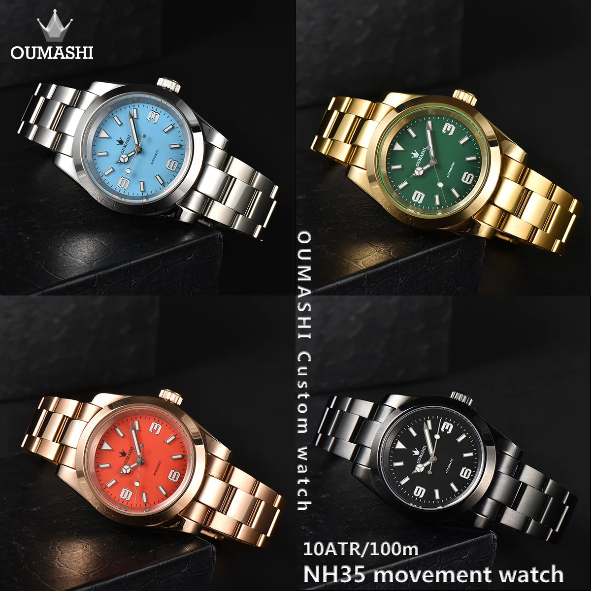 

OUMASHI 39mm men's watch NH35 black strap sapphire crystal luminous dial automatic silver waterproof 100m aseptic watch