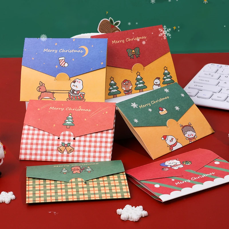 5pcs Cartoon Christmas Series Greeting Cards Holiday Blessings Gift Envelopes Writing Paper DIY Cards Stationery School Office