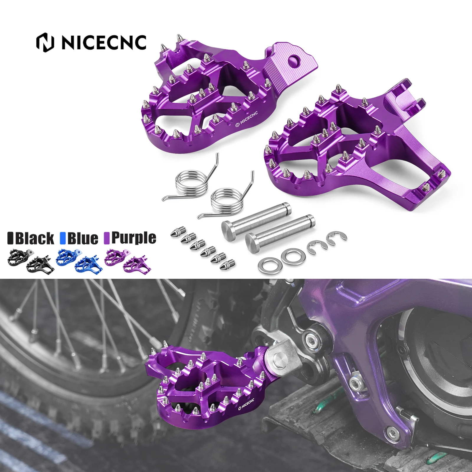 Motorcycle Foot Pegs For Surron Ultra Bee – CNC 7075 Aluminum Wide Platform, Anti-Slip Stainless Teeth (Purple)