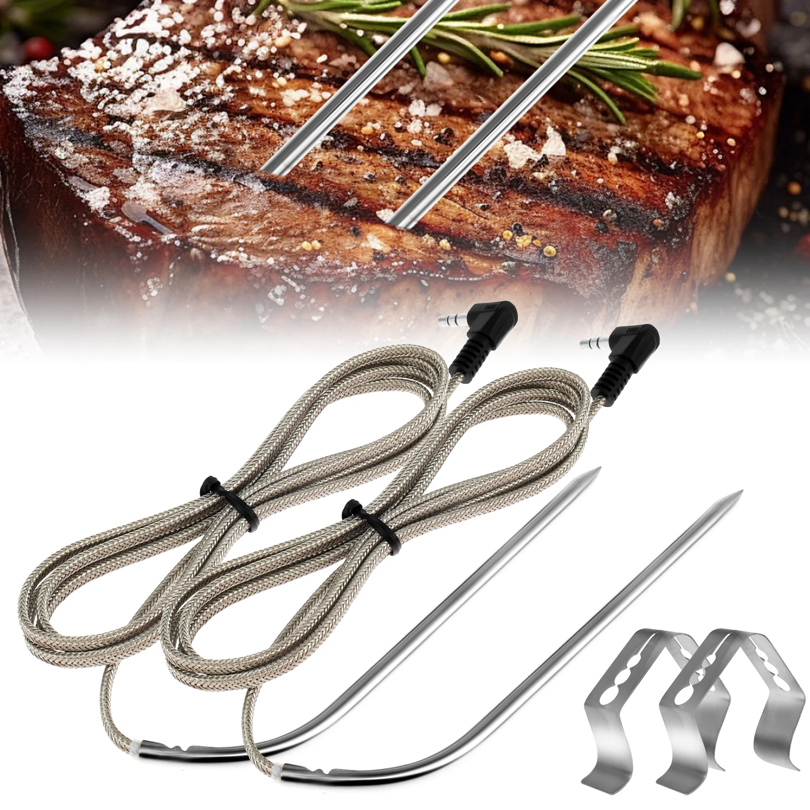 Replacement Meat Probe with Probe Clips Stainless Steel Plug Temperature Precise Meat BBQ Tool 2Pcs